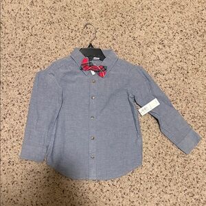 Kids Blue Button-Up Shirt with Red Bow Tie